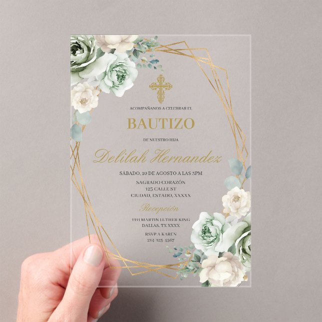 Spanish sage green floral baptism acrylic invitations (Insitu (Handheld))