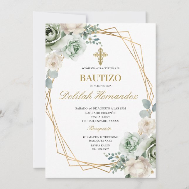 Spanish sage green floral baptism invitation (Front)