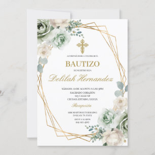 Spanish sage green floral baptism invitation