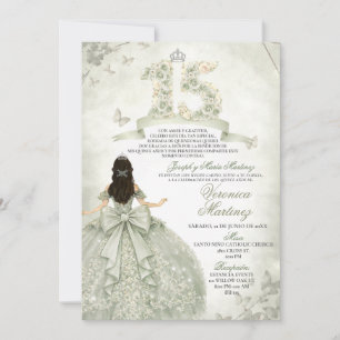 Spanish Sage Green & Silver Crown 15 Años Princess Invitation