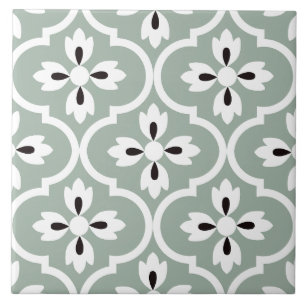 Spanish sage green, white floral black waterdrops  tile