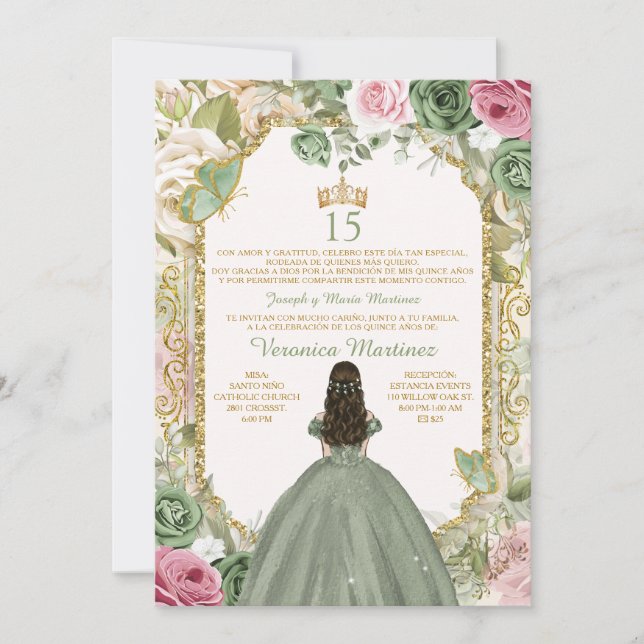 Spanish Sage Pink & Gold 15 Años Princess Birthday Invitation (Front)