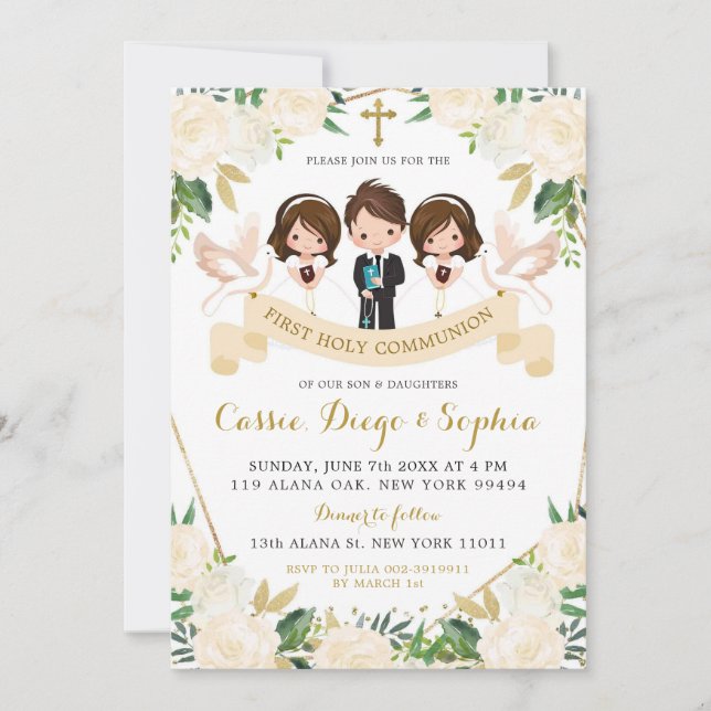 Spanish Sibling Boy Girl First Holy Communion Invitation (Front)