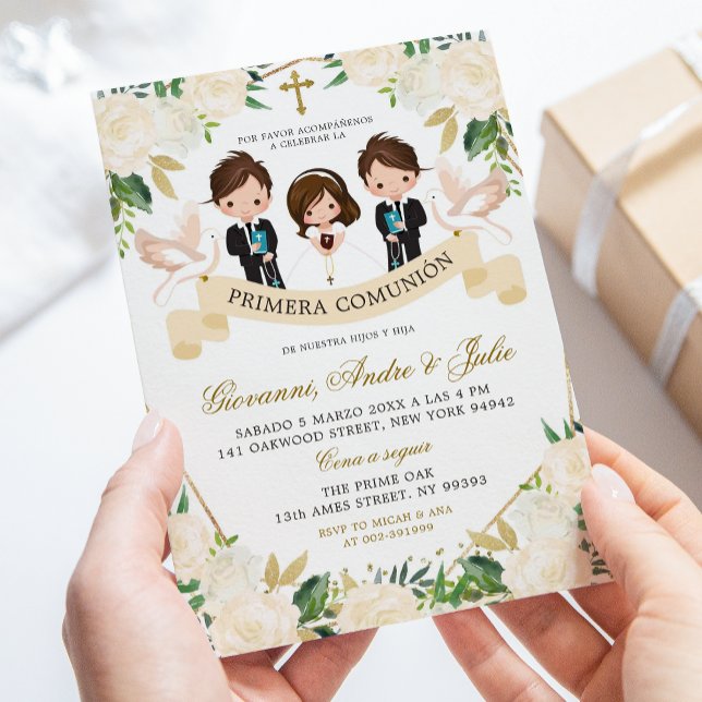 Spanish Sibling Boys Girl First Holy Communion Invitation (Creator Uploaded)