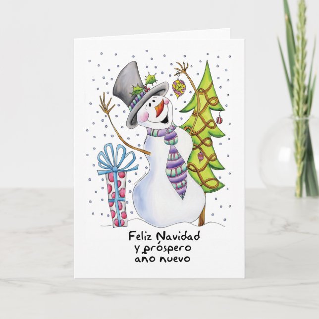 Spanish - Snowman - Happy Snowman - Feliz Navidad Holiday Card (Front)