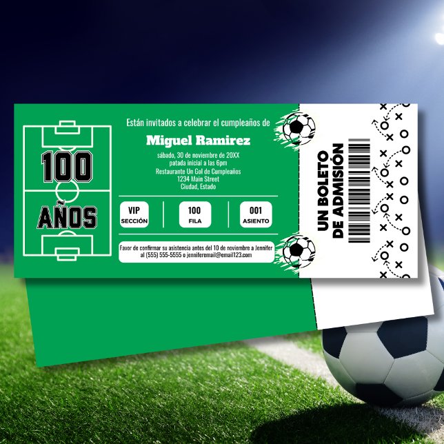 Spanish Soccer Game Ticket 100th Birthday Party Invitation (Creator Uploaded)