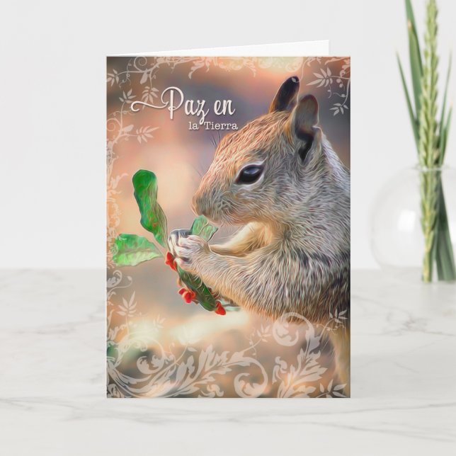 Spanish Squirrel and Holly Peace on Earth Holiday Card (Front)