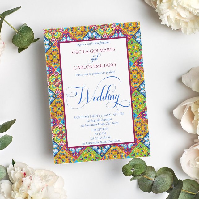 Spanish style decorative tiles catholic wedding invitation (Creator Uploaded)