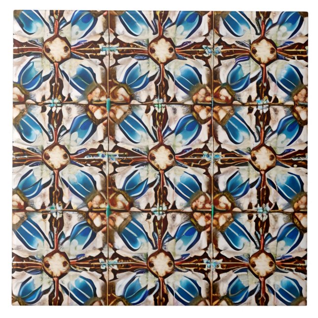 Spanish Style Simulated Mosaic Ecru Blue & Brown  Tile (Front)