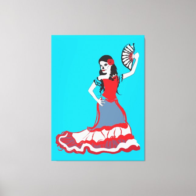 spanish sugar skull dancer : bright turquoise canvas print (Front)