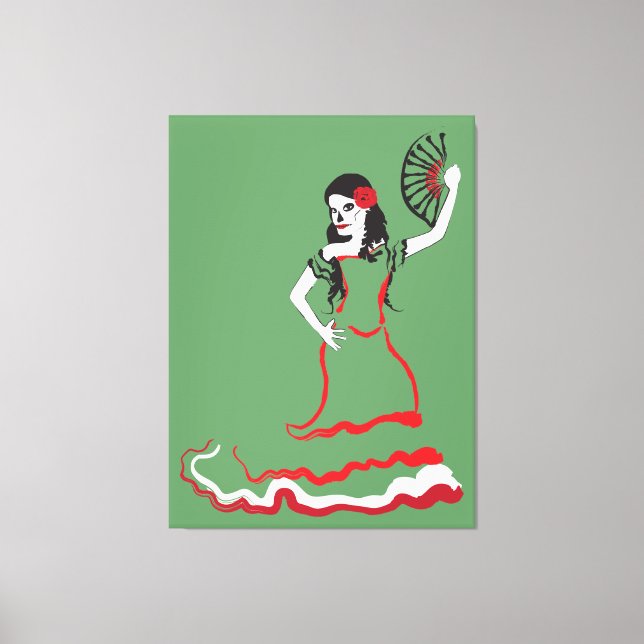 spanish sugar skull dancer : green canvas print (Front)