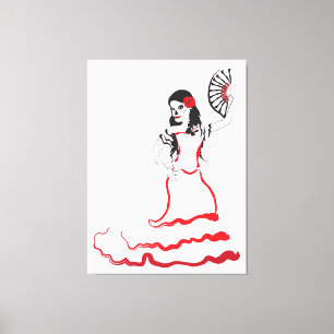 spanish sugar skull dancer : red, black and white canvas print