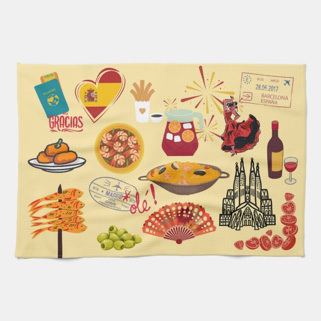 Spanish Symbols Travel Lovers Tea Towel (Horizontal)