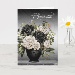 Spanish Sympathy Vase of Black and White Roses Card