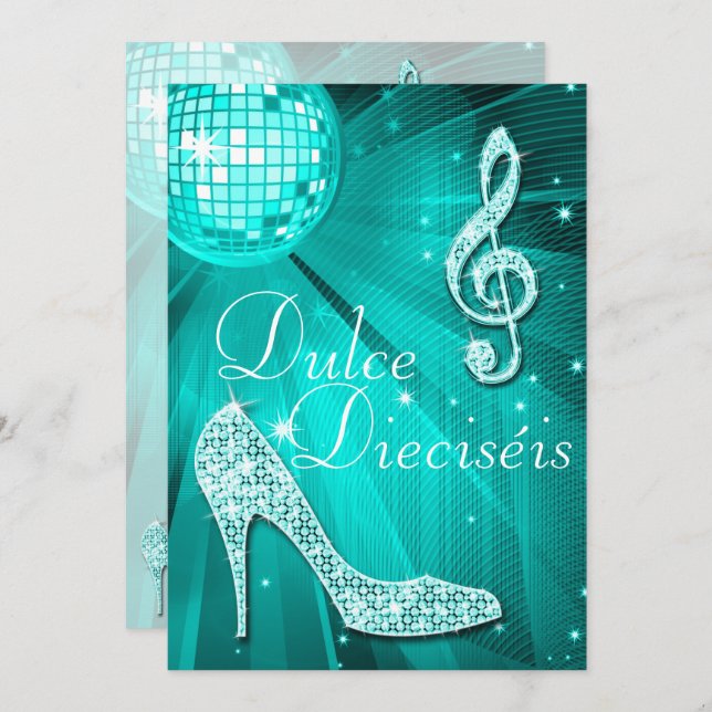 Spanish Teal Disco Ball and Sparkle Heels Sweet 16 Invitation (Front/Back)