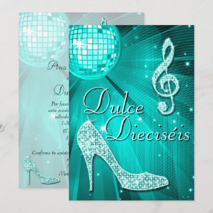 Spanish Teal Disco Ball and Sparkle Heels Sweet 16 Invitation