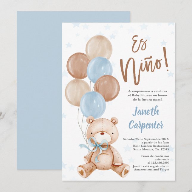 Spanish Teddy Bear Baby shower boy Invitation (Front/Back)
