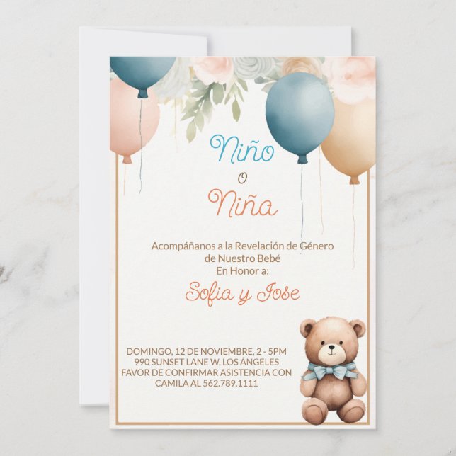 Spanish Teddy Bear Gender Reveal Invitation (Front)