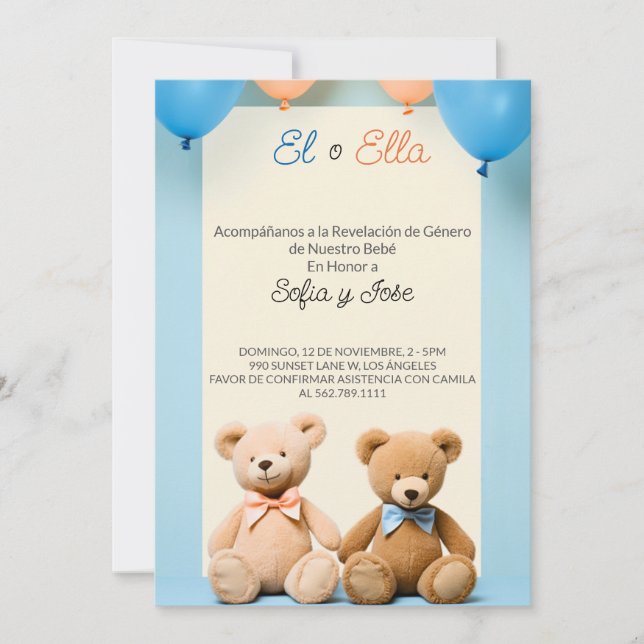 Spanish Teddy Bear Gender Reveal Party Invitation (Front)