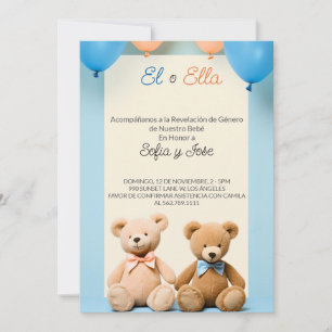 Spanish Teddy Bear Gender Reveal Party Invitation