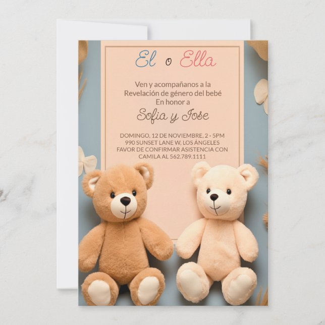 Spanish Teddy Bear Party Gender Reveal Invitation (Front)