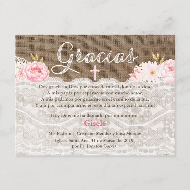 Spanish Thank You Card for Baptism Bautizo Gracias (Front)