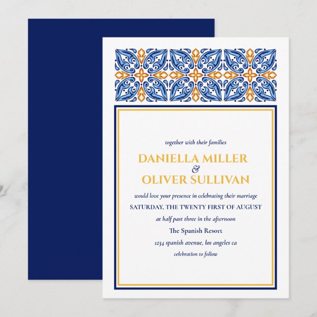 Spanish Tile | Blue Yellow  Mediterranean wedding Invitation (Front/Back)