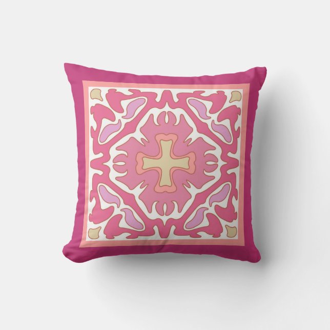 Spanish Tile in Soft Rose Coral & Beige Geometric Cushion (Front)