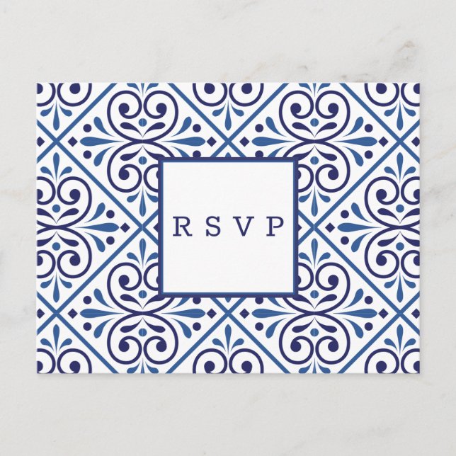 Spanish tile indigo navy wedding  RSVP MEAL CHOICE Invitation Postcard (Front)
