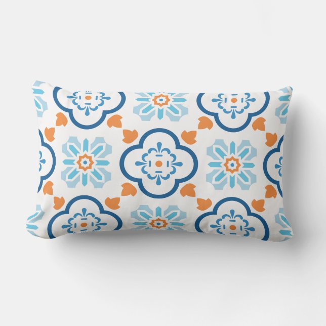Spanish Tile Mediterranean Blue Orange White Lumbar Cushion (Front)