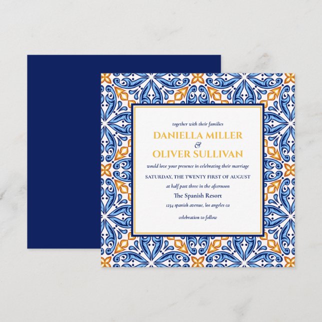 Spanish Tile | Yellow Blue Mediterranean wedding Invitation (Front/Back)