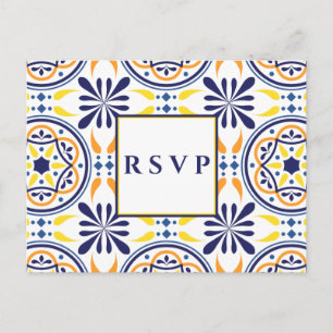 Spanish tile yellow navy wedding  RSVP MEAL CHOICE Invitation Postcard