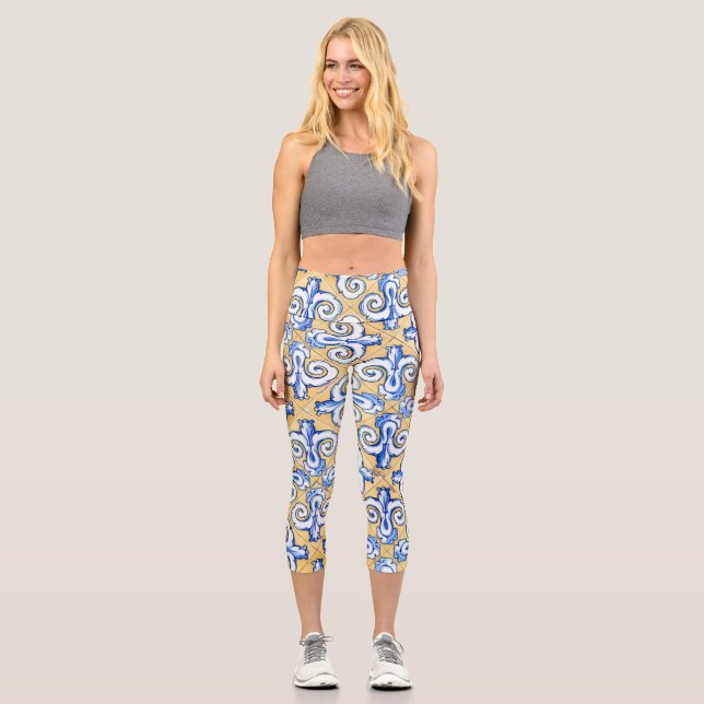 Spanish Tiles - Azulejo Blue, Yellow and White  Capri Leggings (Front)