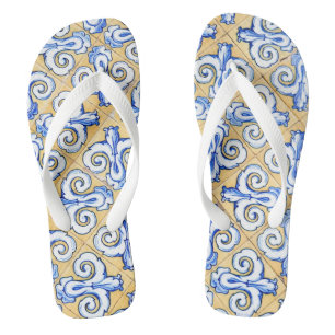 Spanish Tiles - Azulejo Blue, Yellow and White Flip Flops