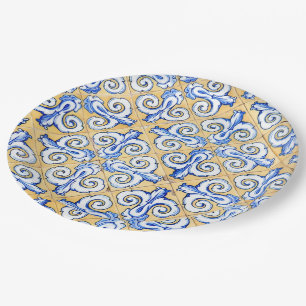Spanish Tiles - Azulejo Blue, Yellow and White Paper Plate