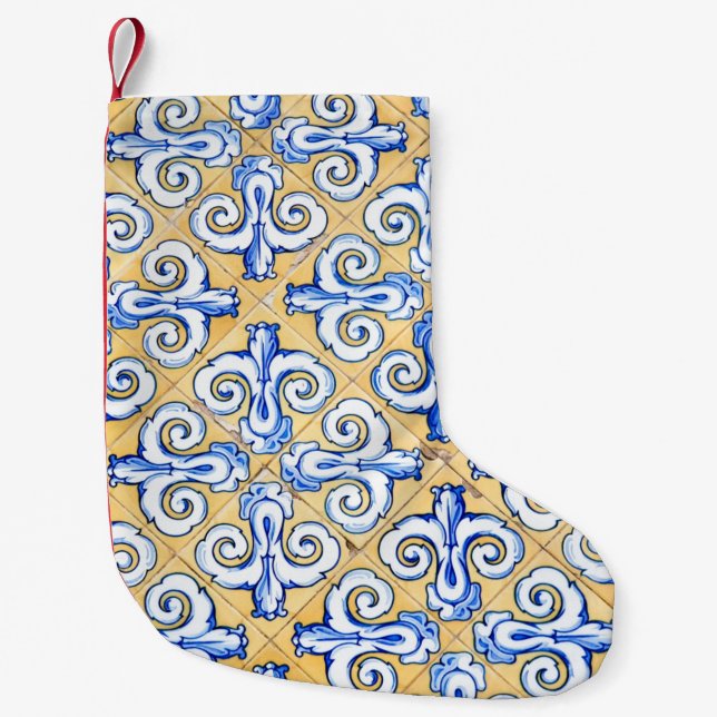 Spanish Tiles - Azulejo Blue, Yellow and White Small Christmas Stocking (Front)