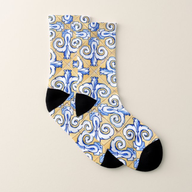Spanish Tiles - Azulejo Blue, Yellow and White Socks (Pair)