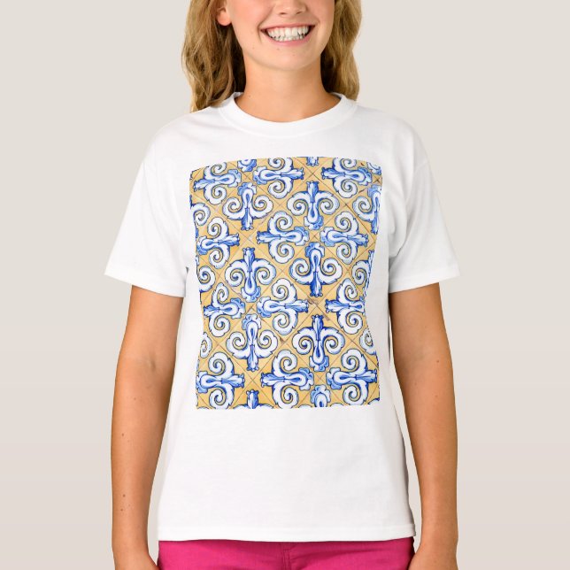 Spanish Tiles - Azulejo Blue, Yellow and White T-Shirt (Front)