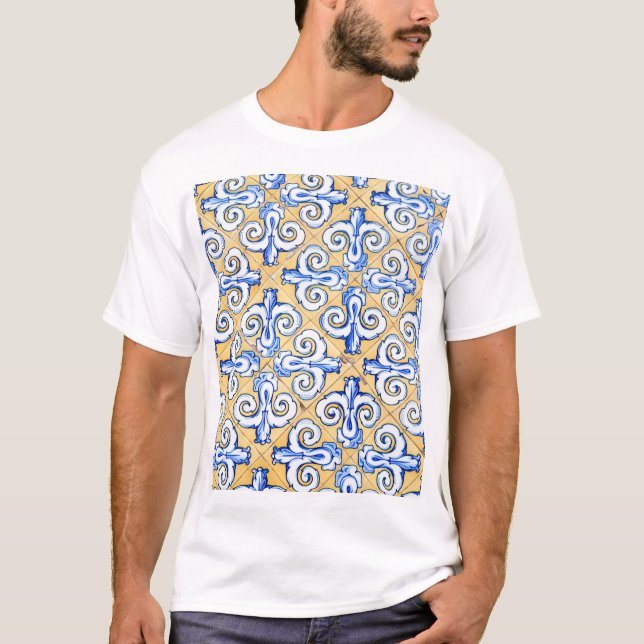 Spanish Tiles - Azulejo Blue, Yellow and White T-Shirt (Front)