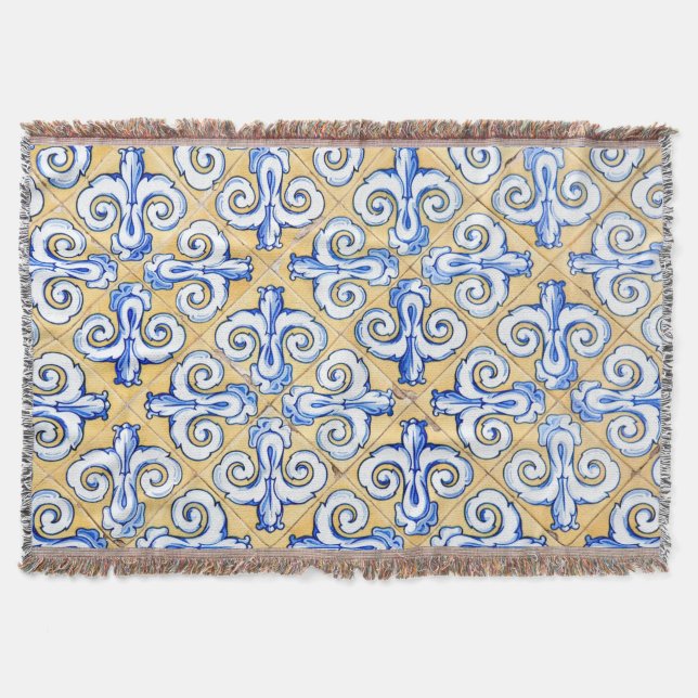Spanish Tiles - Azulejo Blue, Yellow and White Throw Blanket (Front)