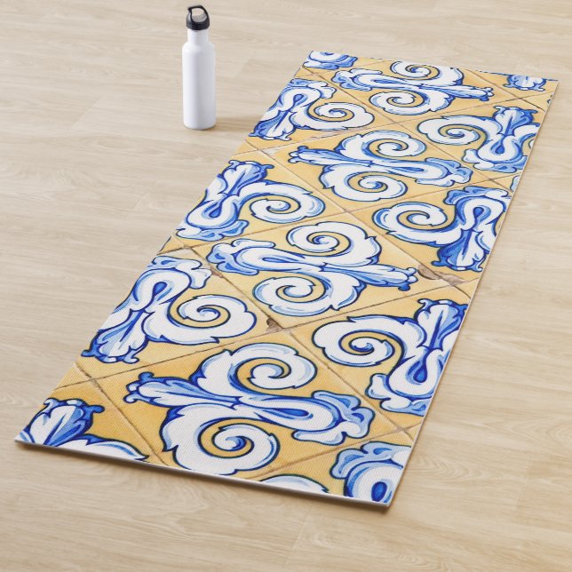 Spanish Tiles - Azulejo Blue, Yellow and White Yoga Mat (In Situ)