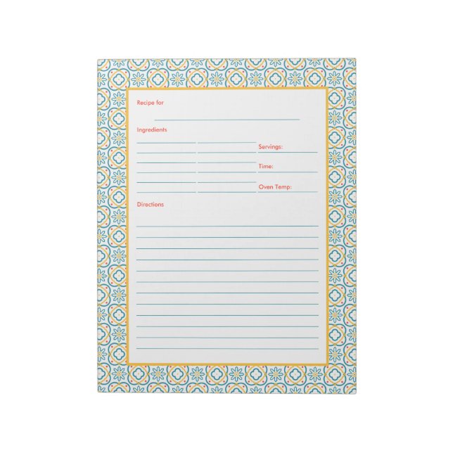 Spanish Tiles Blue and Yellow Mediterranean Recipe Notepad (Rotated)