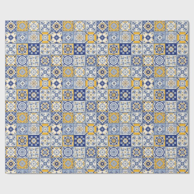 Spanish Tiles Yellow Blue Wrapping Paper (Flat)