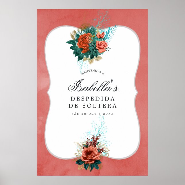 Spanish Turquoise and Coral Bridal Shower Welcome Poster (Front)