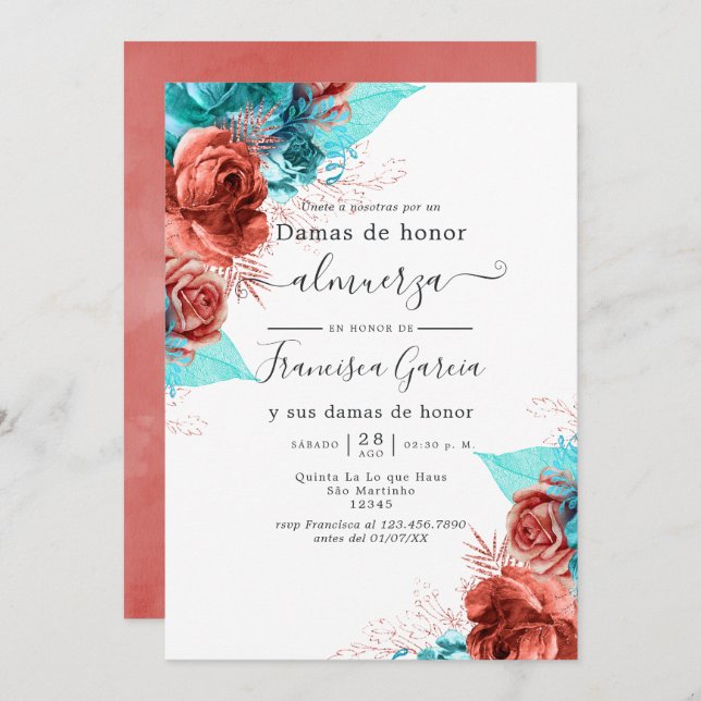 Spanish Turquoise and Coral Bridesmaids Luncheon Invitation (Front/Back)