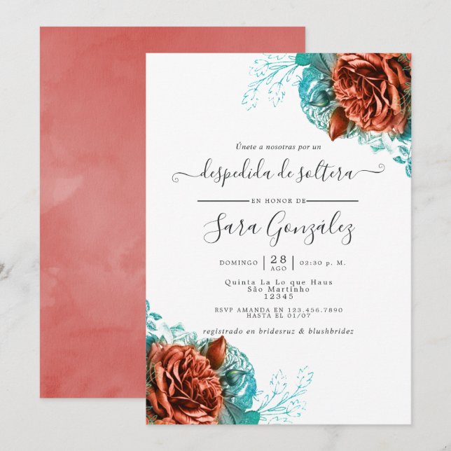 Spanish Turquoise and Coral Floral Bridal Shower Invitation (Front/Back)
