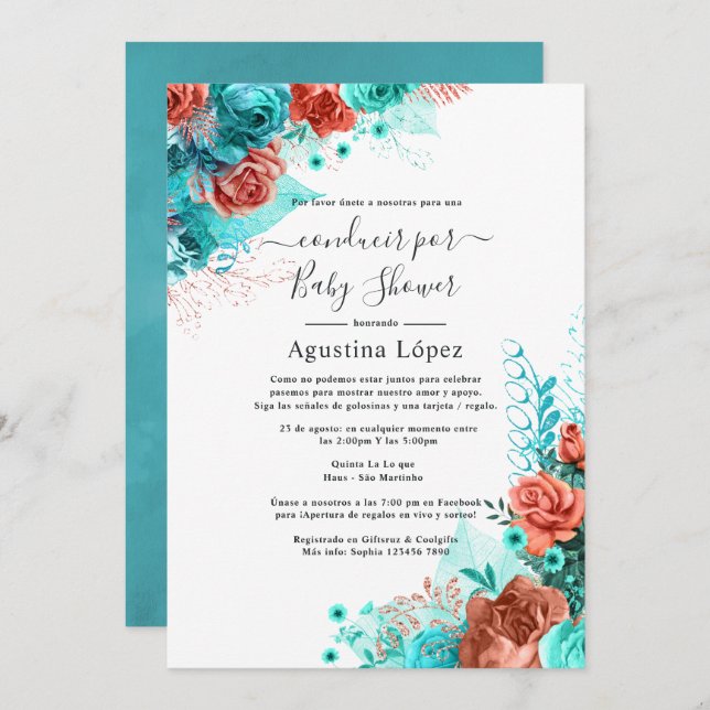 Spanish Turquoise and Coral Floral Drive By Shower Invitation (Front/Back)