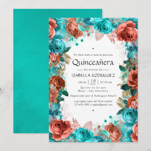 Spanish Turquoise and Coral Floral Quinceañera Invitation