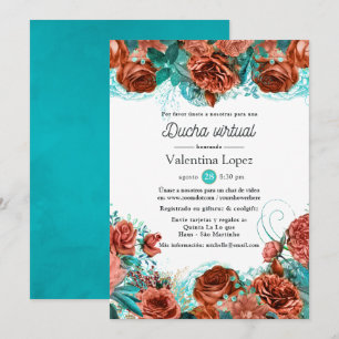 Spanish Turquoise and Coral Floral Virtual Shower Invitation