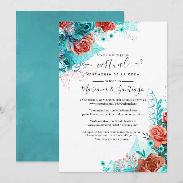 Spanish Turquoise and Coral Floral Virtual Wedding Invitation (Front/Back)